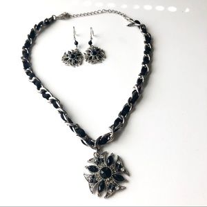 Silver & Black Cross Pendant Necklace & Earrings